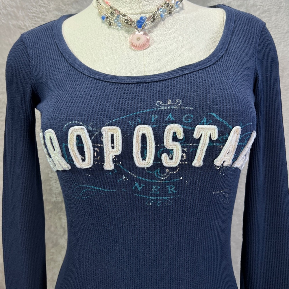 Y2K Aeropostale Waffle Knit Shirt Blue Womens XS Navy Pink Bella Swan 2000s - Picture 2 of 11